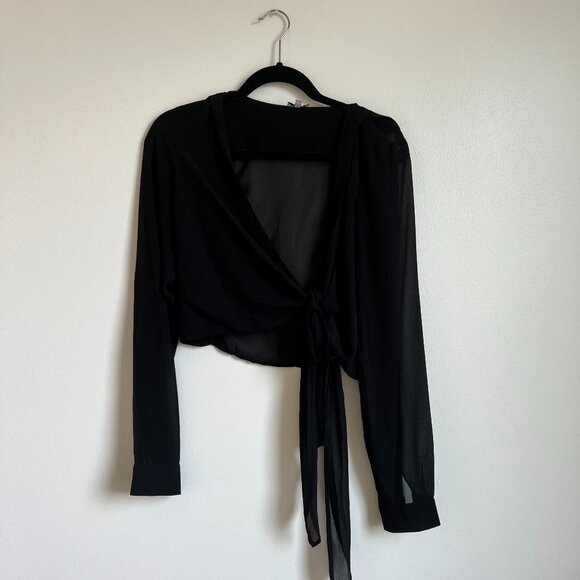Long Sleeve Sheer Tie Front Blouse - Picture 1 of 4